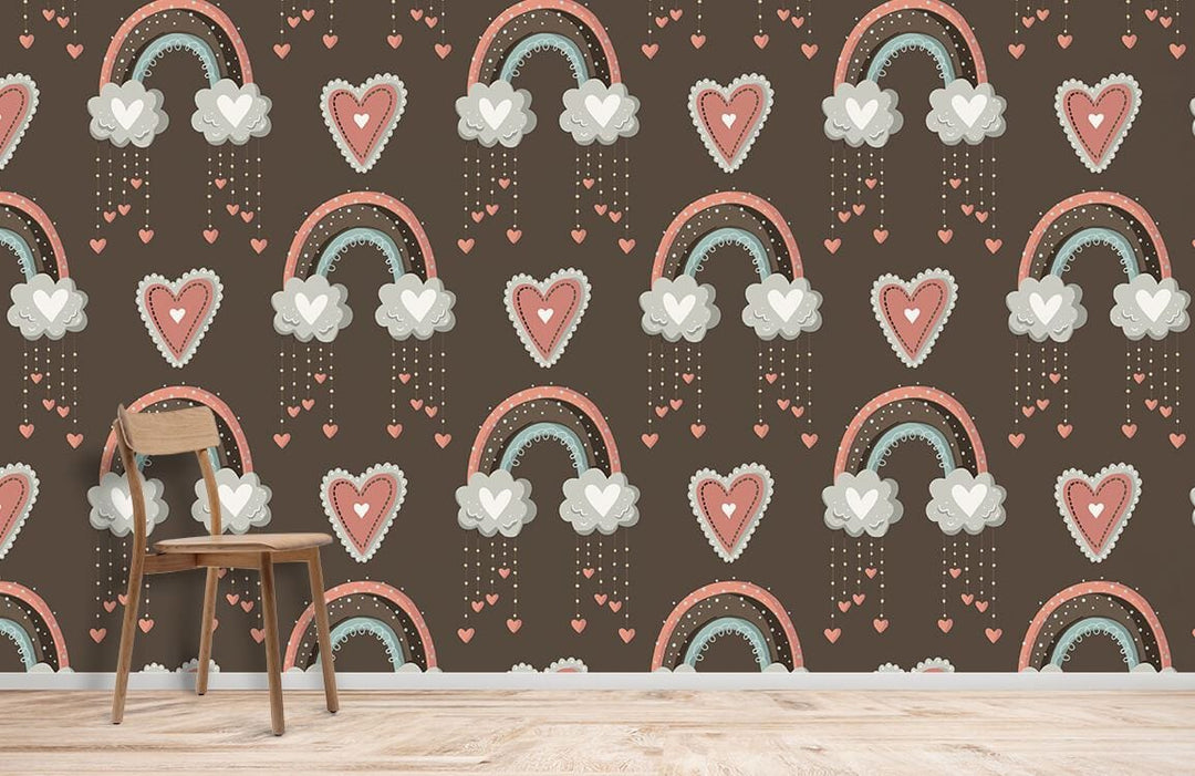 Charming wallpaper with brown heart and rainbow pattern, wooden chair, light wooden flooring.