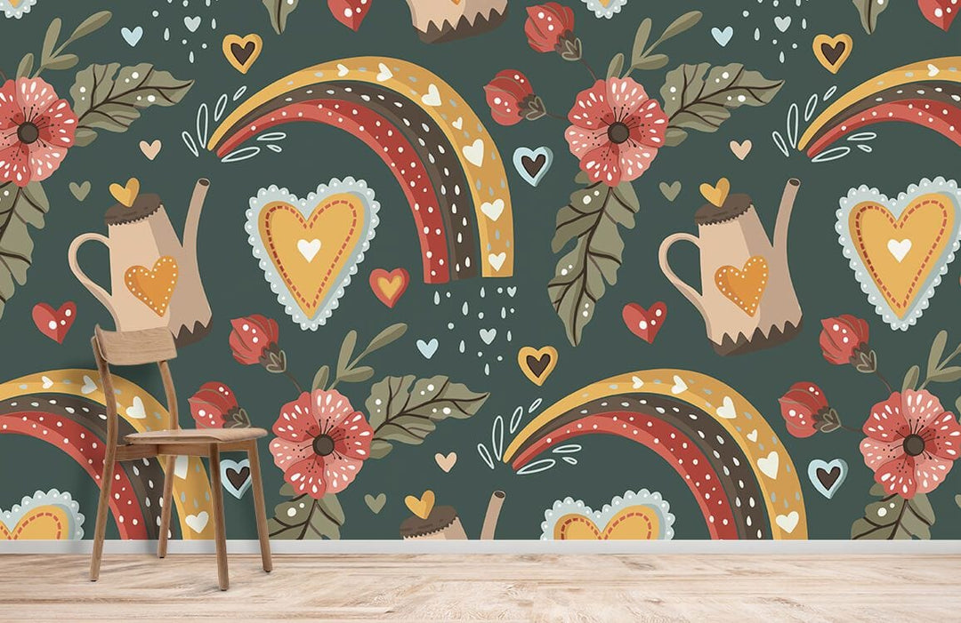 Vintage floral rainbow heart wallpaper on dark green wall, with wooden chair, light wood flooring.