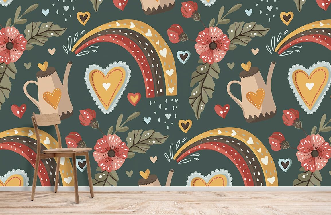 Vintage floral rainbow heart wallpaper on dark green wall, with wooden chair, light wood flooring.