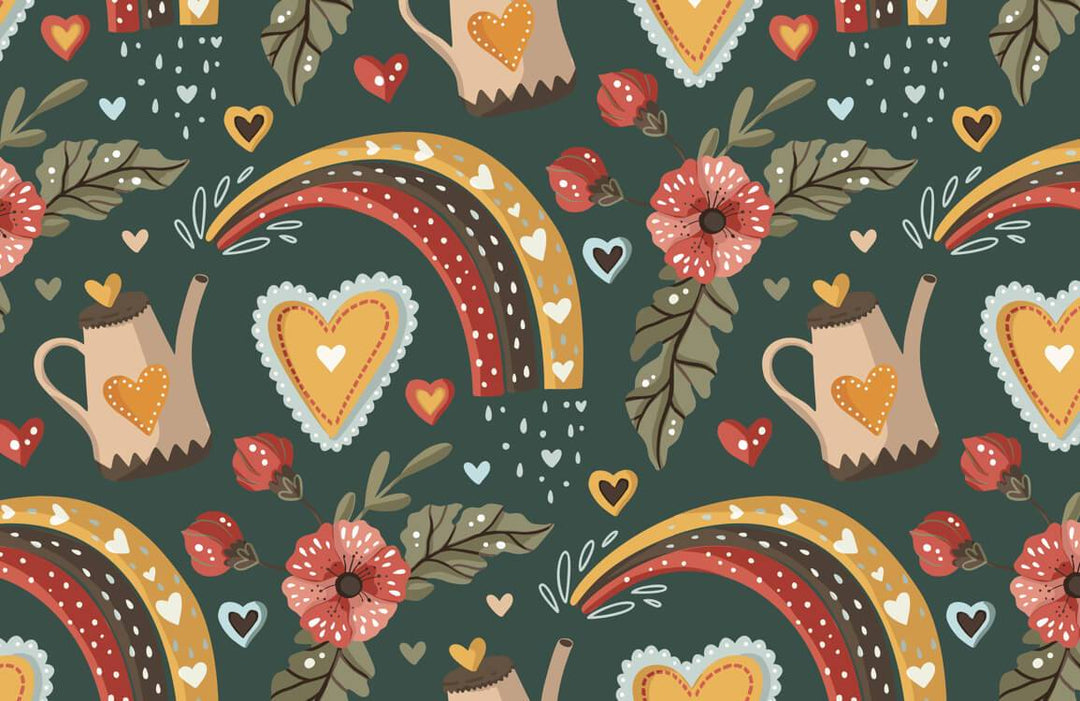 Vintage Floral Rainbow Dark Green Retro Heart Wallpaper Mural Design