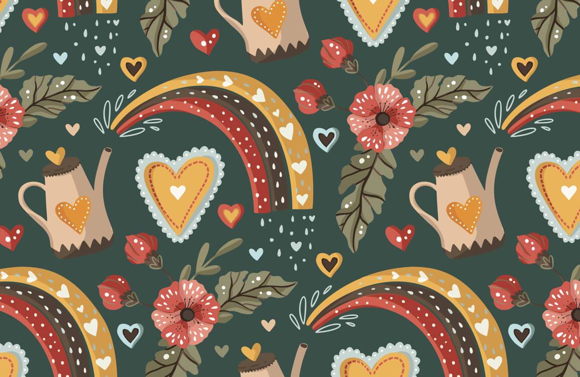 Vintage Floral Rainbow Dark Green Retro Heart Wallpaper Mural Design