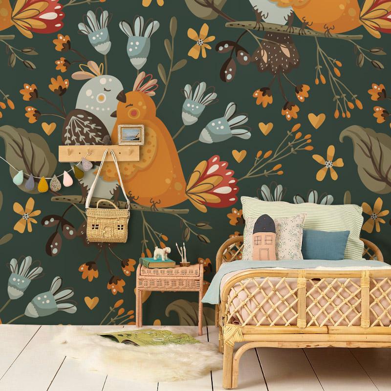 Autumn Harmony mural wallpaper, cosy design, wicker furniture, light hardwood floor, playful kids' room decor.