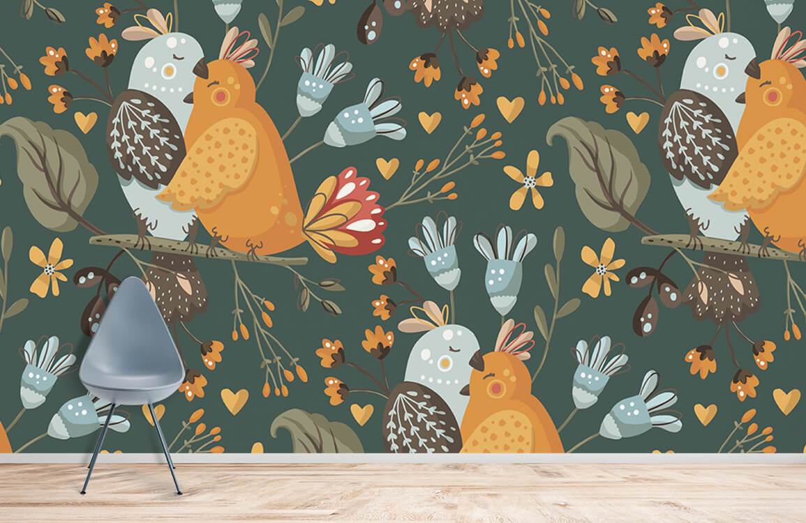 Autumn Harmony Forest Creatures Mural Wallpaper, green, orange design, wooden flooring, modern grey chair.