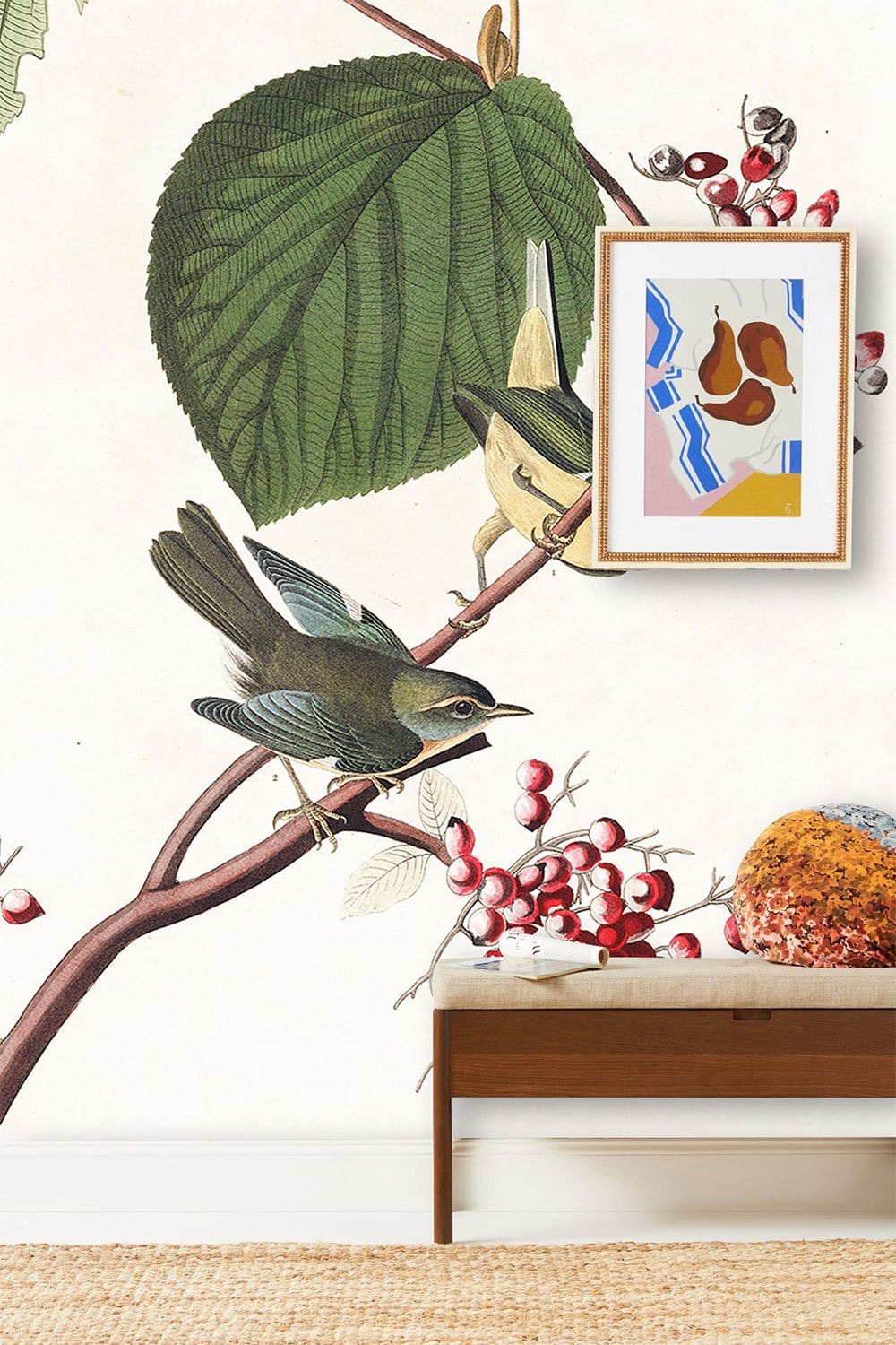 Vintage Botanical Birds Wallpaper featuring green leaves and red berries, mid-century wooden bench, modern art.