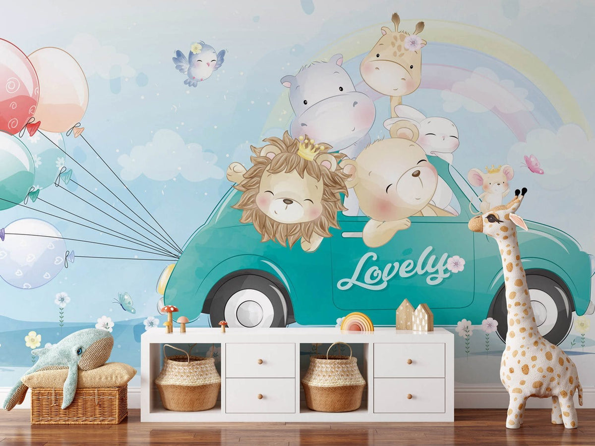 Whimsical Safari Animals Wallpaper with Car and Balloons Design, white drawers, wooden floor, giraffe toy.