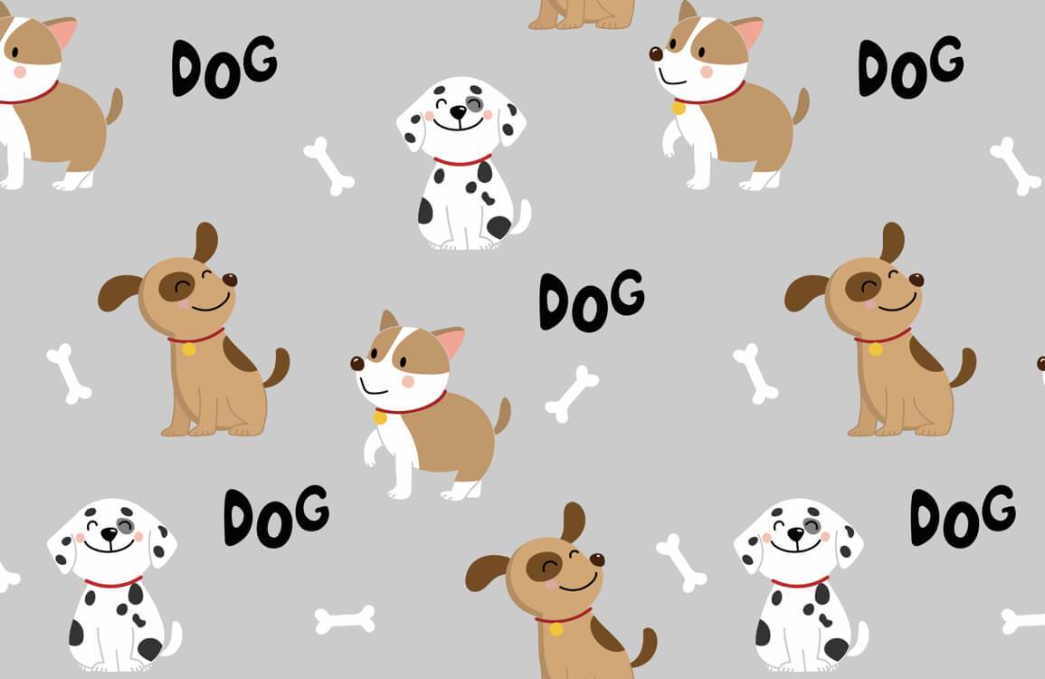 Whimsical Grey Dog Patterned Wallpaper with Cute Canine Cartoon Design