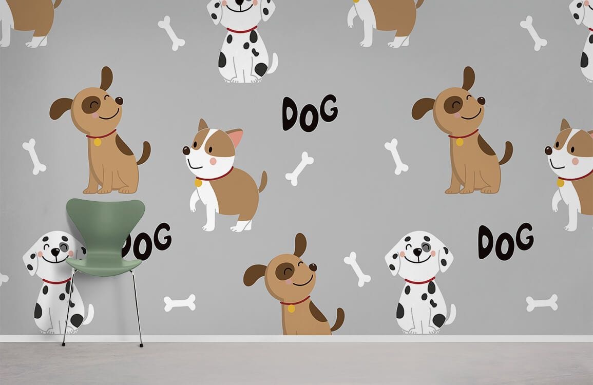 Whimsical Grey Dog Wallpaper with Canine Design, grey wall, green chair, white flooring in room.