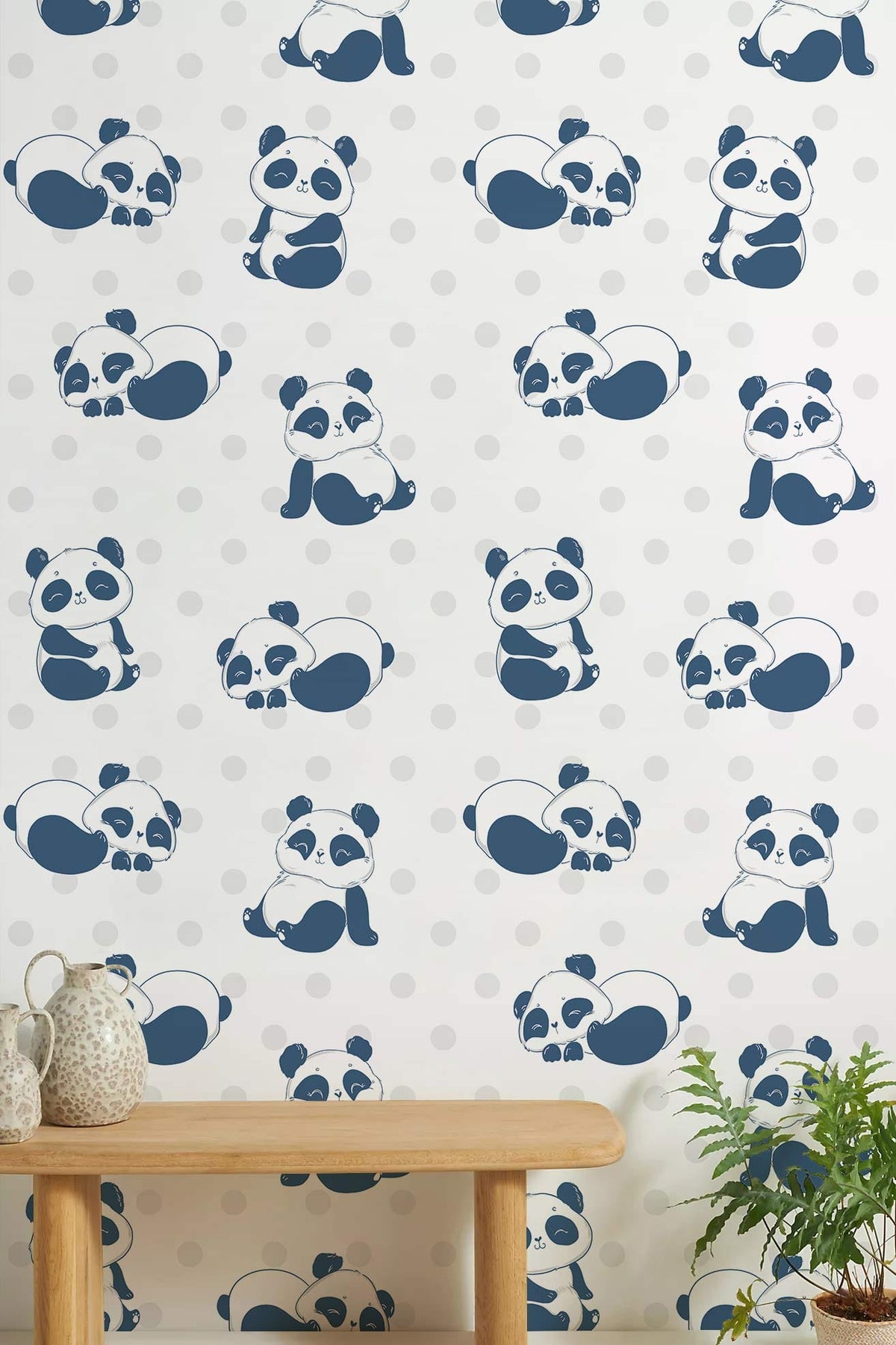 Adorable Blue Panda Pattern Wallpaper for children's room, wooden bench, playful decor, wall detail.