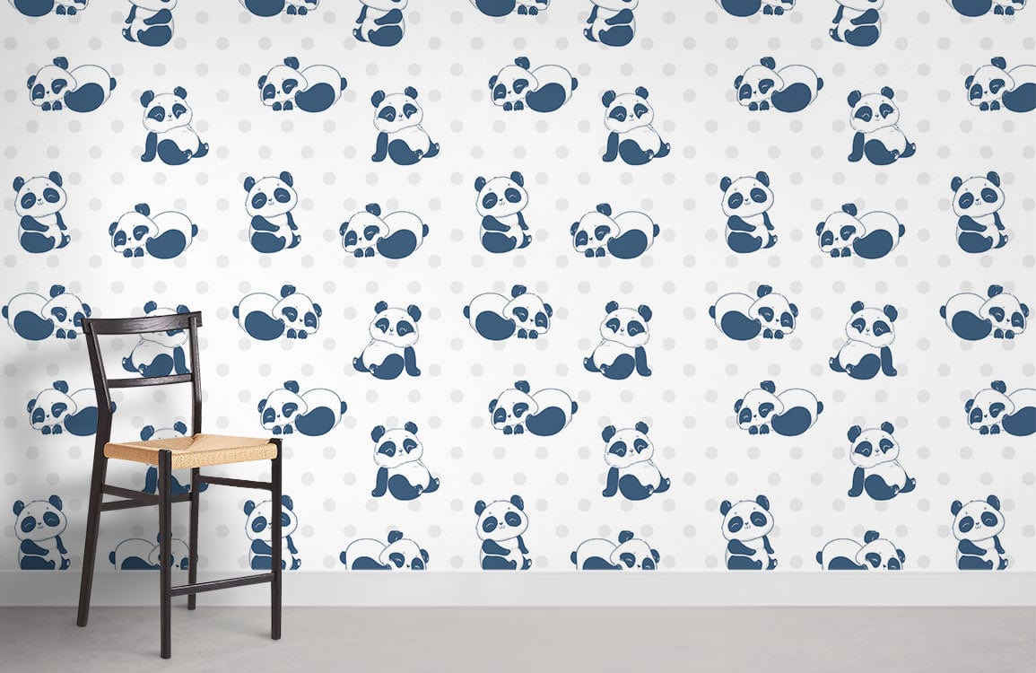 Blue panda pattern wallpaper for lively children's room with wooden chair and grey flooring.