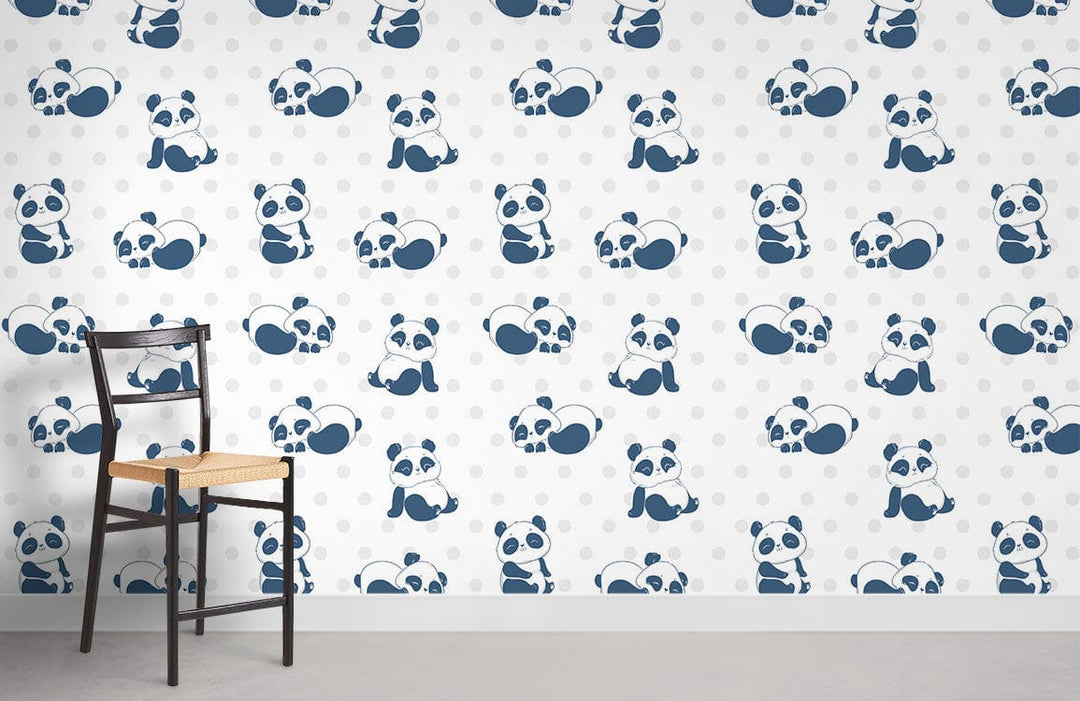 Blue panda pattern wallpaper for lively children's room with wooden chair and grey flooring.