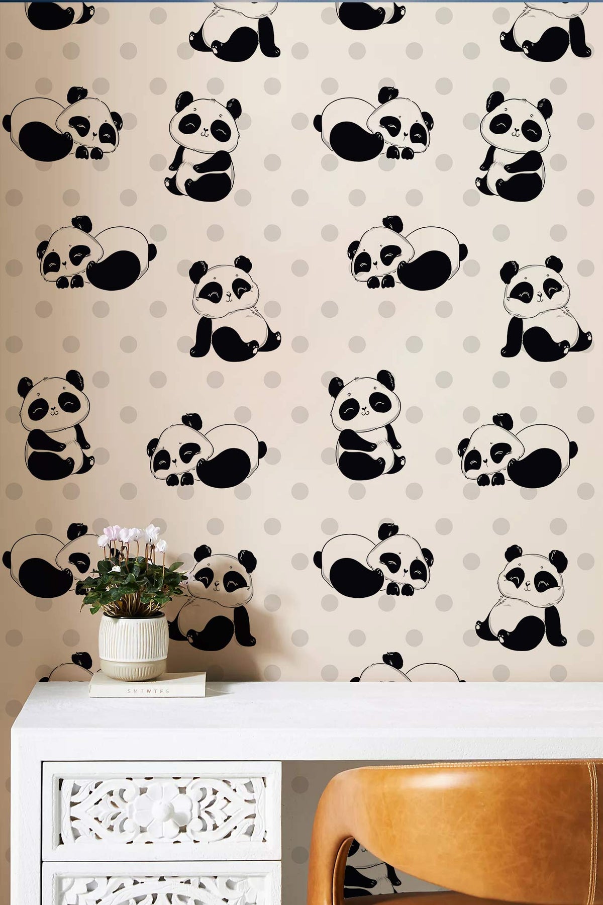 Cheerful Black and White Panda Polka Dot Children's Nursery Wallpaper with brown chair, white desk.