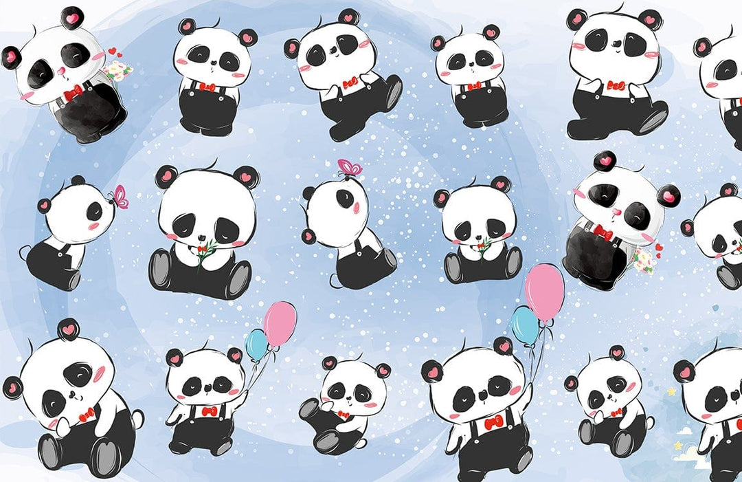Playful Panda Friends Children's Blue Pastel Cartoon Mural Wallpaper Delight