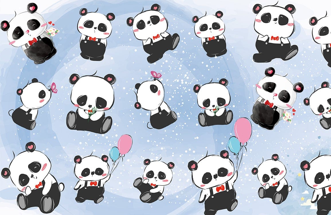 Playful Panda Friends Children's Blue Pastel Cartoon Mural Wallpaper Delight