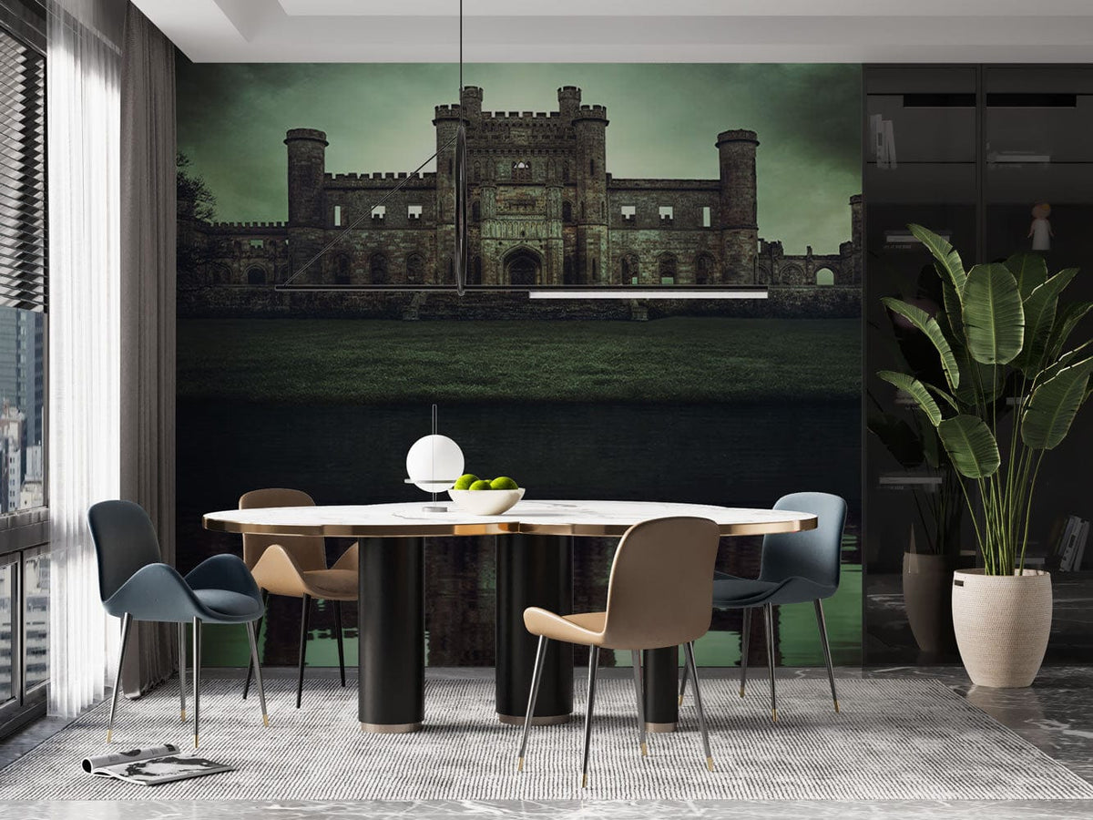 Gothic castle mural wallpaper in moody green tones; dining room with modern chairs and round table.