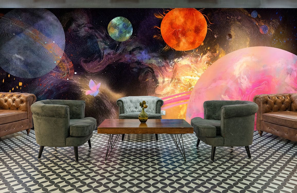 colorful planets wall mural living room decor