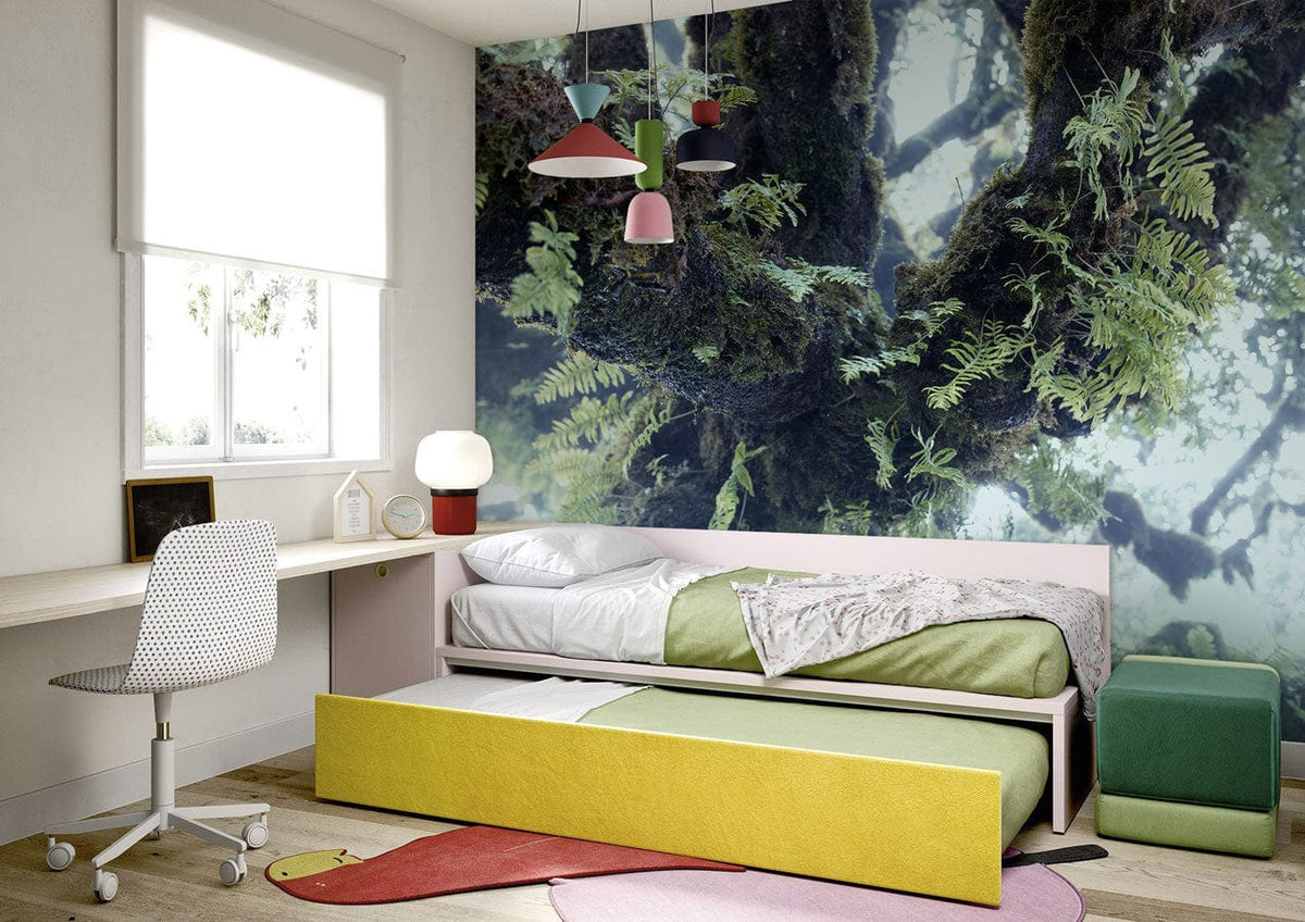 Botanical Forest Canopy Mural Wallpaper in kid's room with trundle bed, colourful pendant lights, wooden floor.