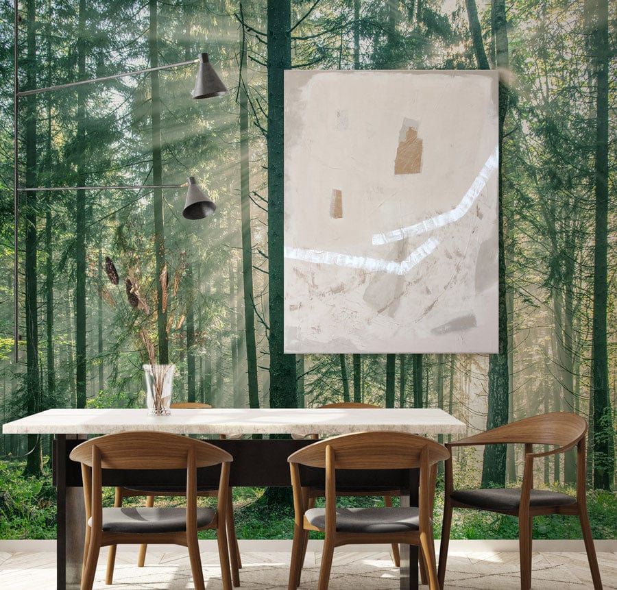 Sunlit Forest Mural Wallpaper in dining room with modern chairs, abstract wall art, and hardwood flooring.