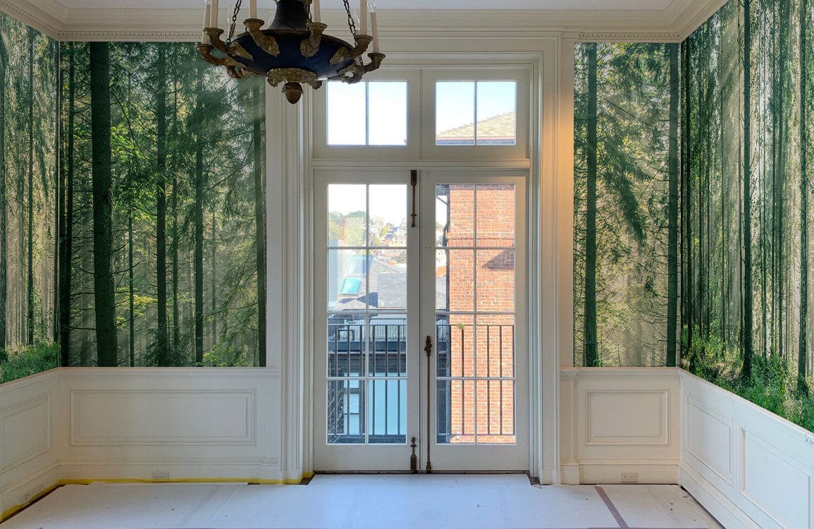 Sunlit Forest Mural Wallpaper in elegant room, featuring serene woodland design, white walls, and chandelier.