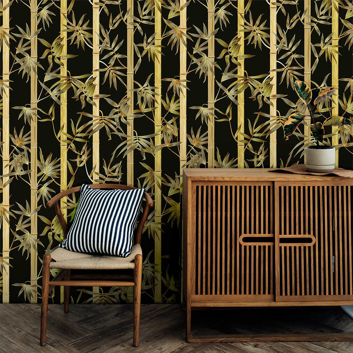 Luxurious bamboo wallpaper with black and gold design, wooden cabinet, and striped cushion chair.