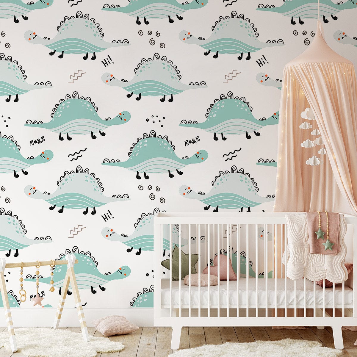 Children's room with dinosaur wallpaper, pastel green pattern, white cot, soft rug, and canopy decor.
