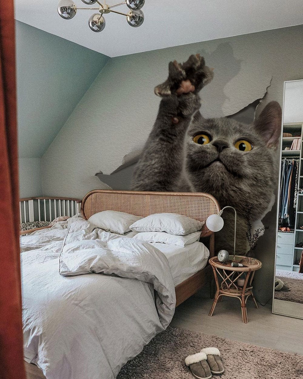 Grey Cat Peek-a-Boo 3D Mural Wallpaper in bedroom with neutral walls, wooden bed, and cosy decor.