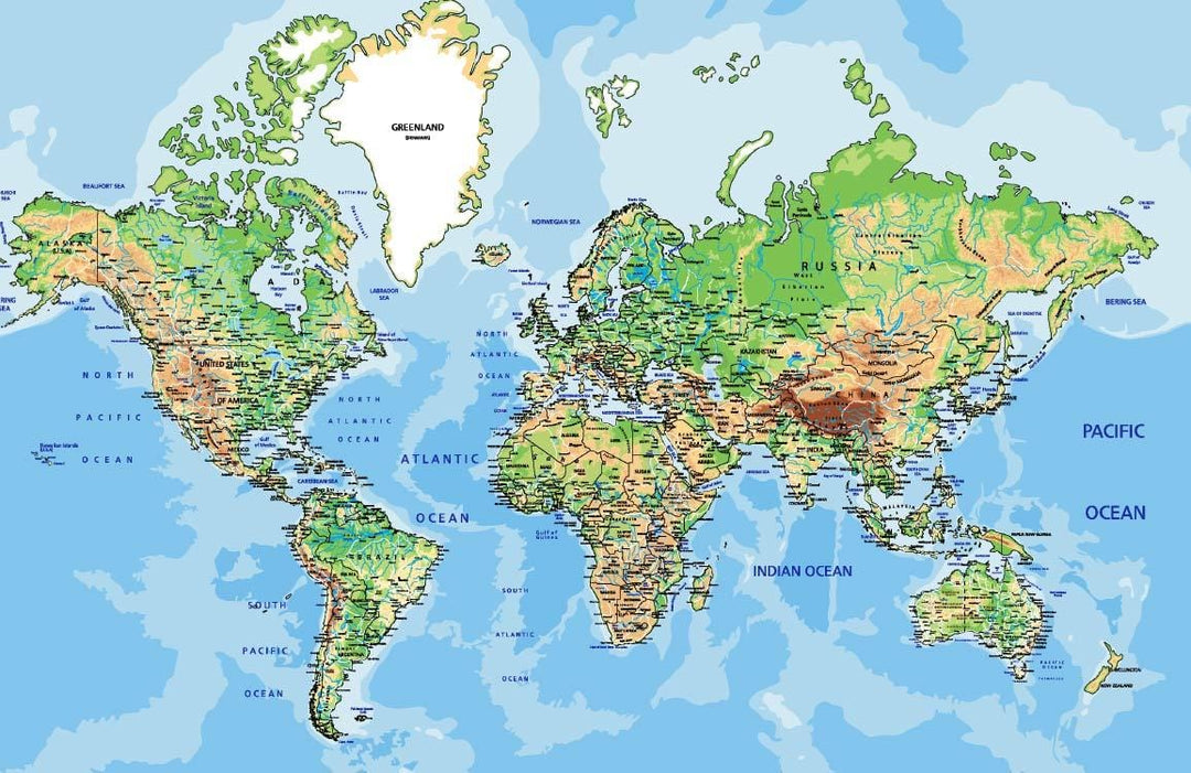 Vintage World Map Mural Wallpaper with Detailed Geographic Features, Blue-Green Tones