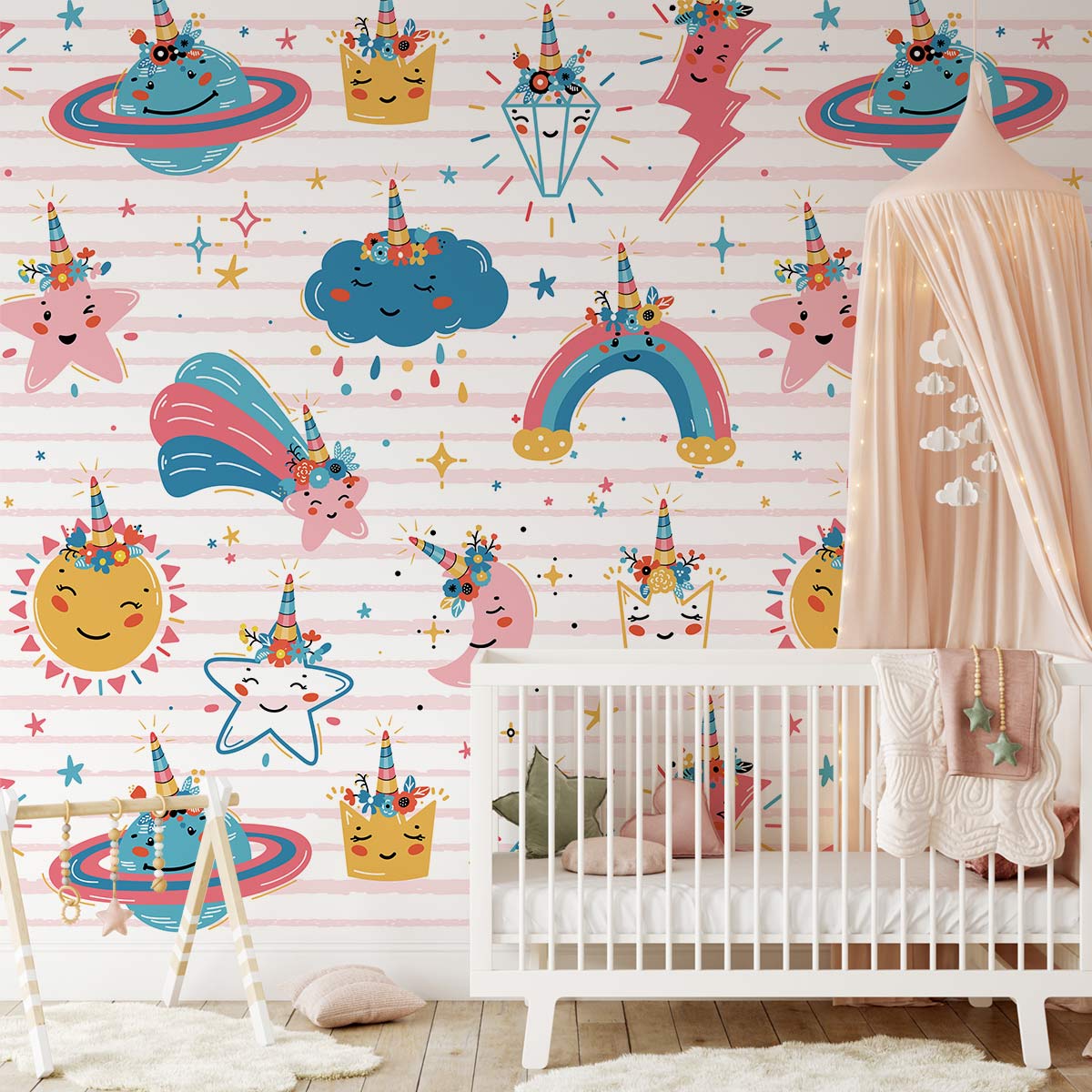 Enchanting unicorn nursery wallpaper, colourful galaxy theme, white crib, pink and white striped wall.