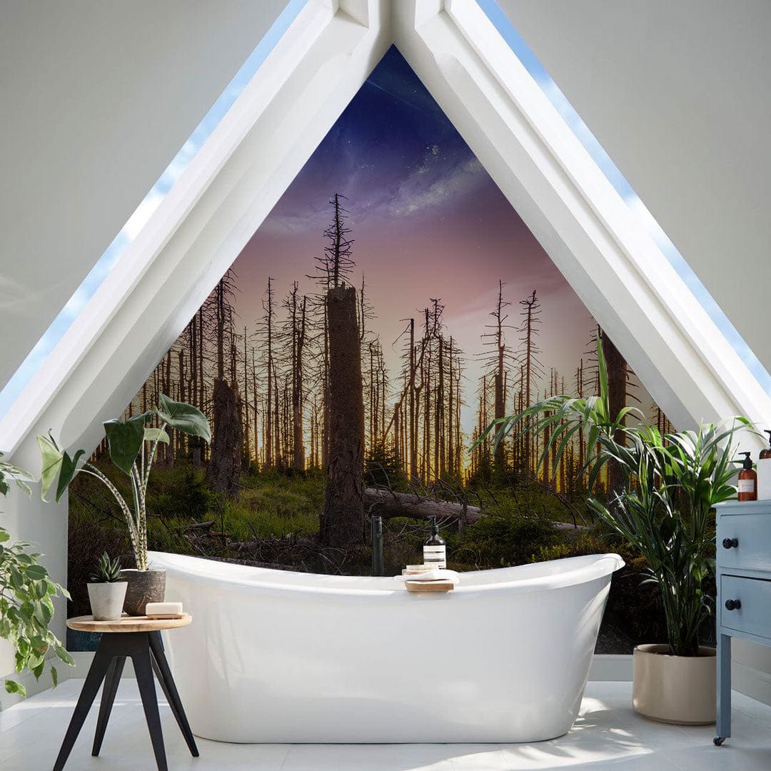 Mystical Galaxy Forest Sunset Mural Wallpaper in elegant bathroom, featuring white freestanding tub, lush plants.