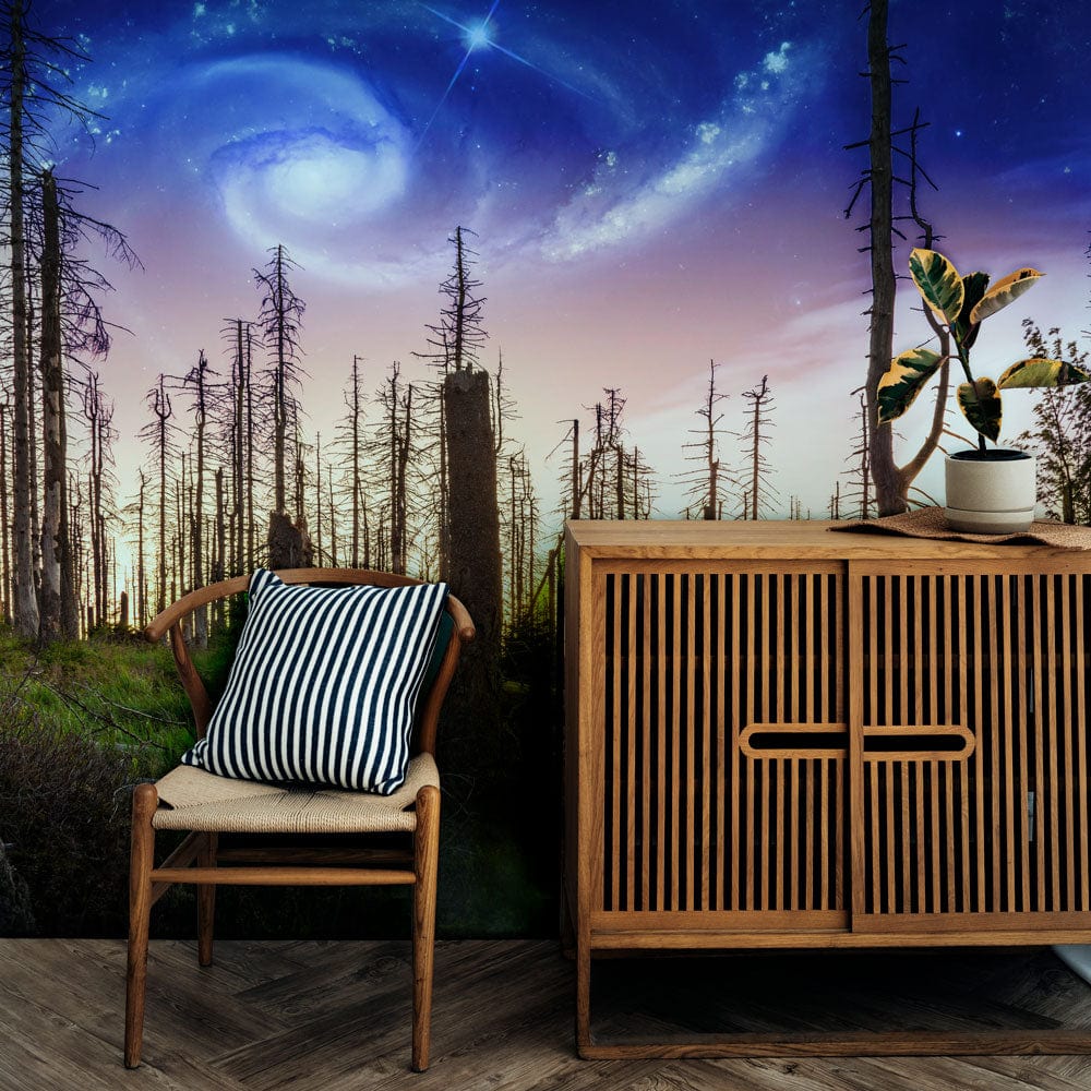Mystical Galaxy Forest Mural Wallpaper in purple tones, featuring wooden cabinet, chair, and herringbone floor.
