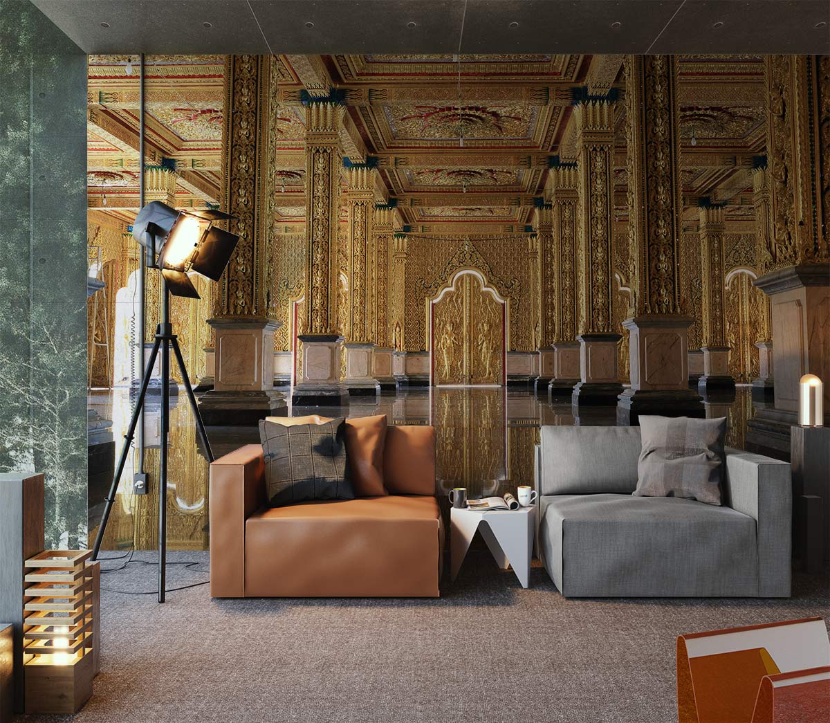 Luxurious gold mural wallpaper in elegant room with brown and grey sofas; ornate palace design.