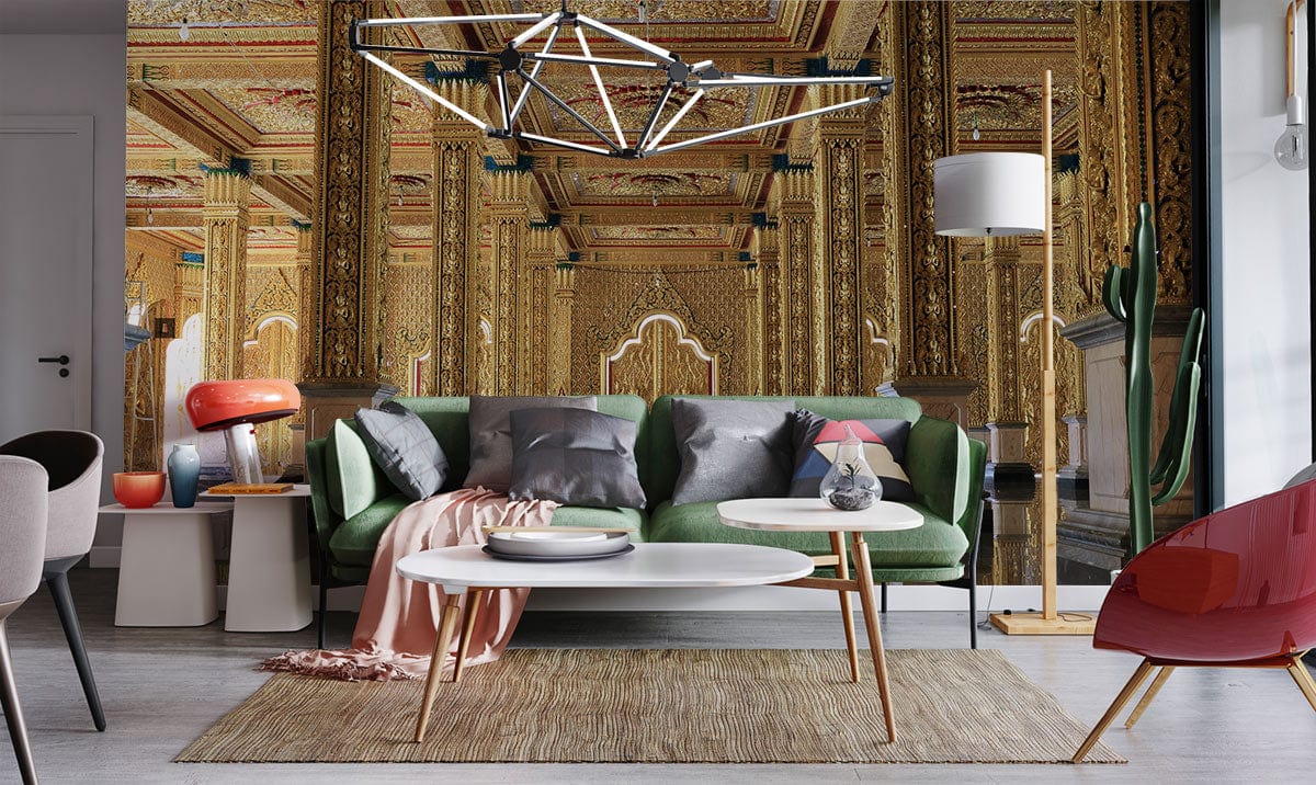 Luxurious gold palace mural wallpaper in lounge with green sofa, grey floor, modern decor.
