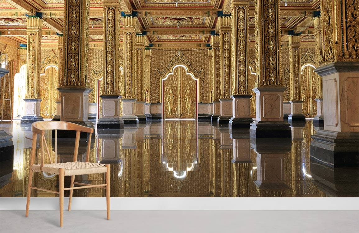 Ornate gold palace interior mural wallpaper, luxurious, with elegant wooden chair on light grey flooring.
