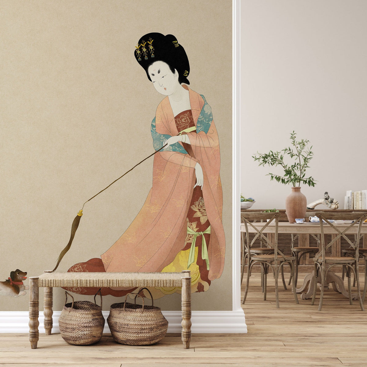 Elegant Oriental Geisha mural wallpaper, soft hues; wicker furniture, wooden flooring, dining room decor.