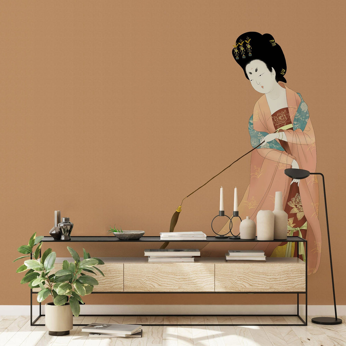Elegant Oriental Geisha and Dog Mural Wallpaper in warm earth tones, wooden sideboard, modern lamp.