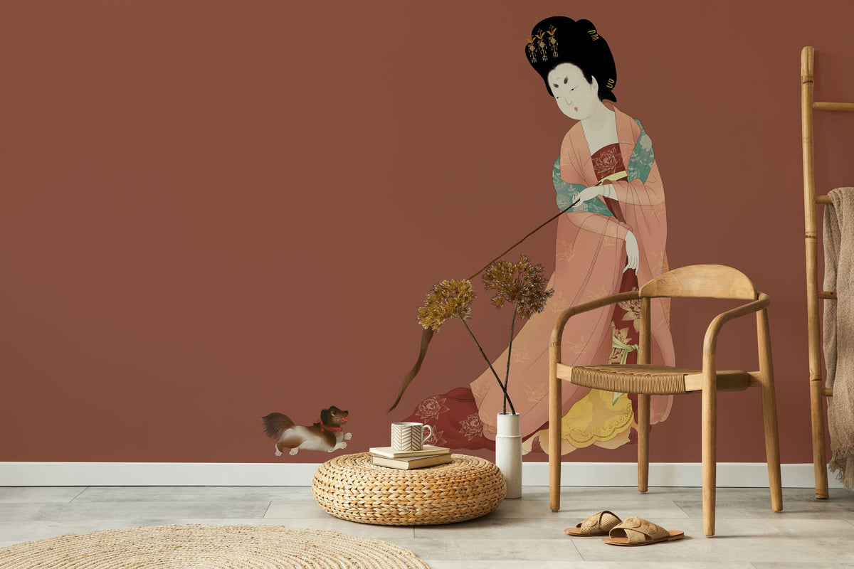 Elegant Asian-inspired mural wallpaper in room with natural chair, jute rug, and minimalistic decor.