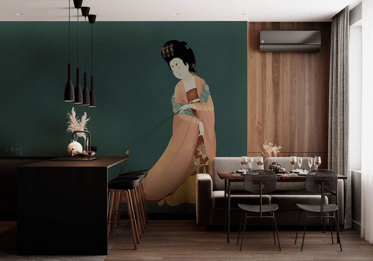 Elegant Oriental Lady mural wallpaper in dining room with green walls, modern furniture, and wood flooring.