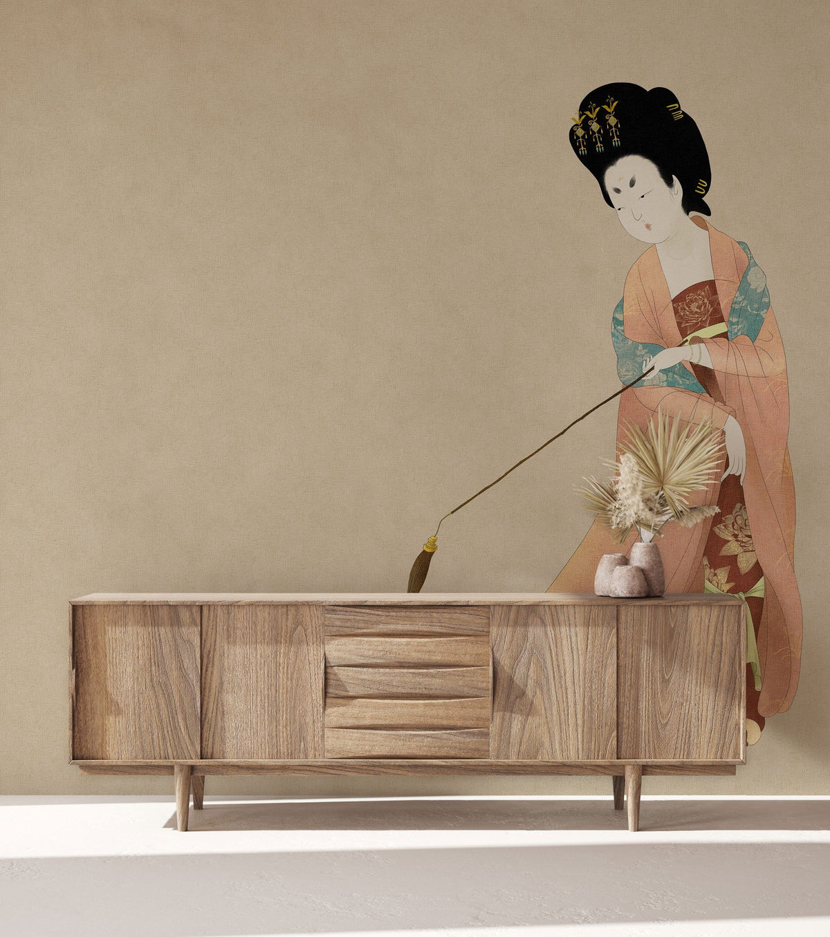 Elegant Geisha wallpaper with dog, neutral wall, wooden sideboard. Wall art adds cultural charm.