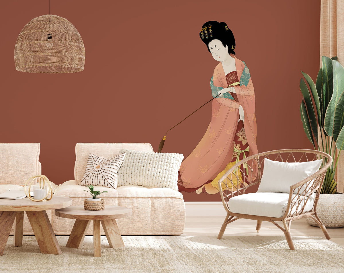 Elegant Asian-inspired mural wallpaper with traditional art, cream sofas, wicker chair, living room, rug.