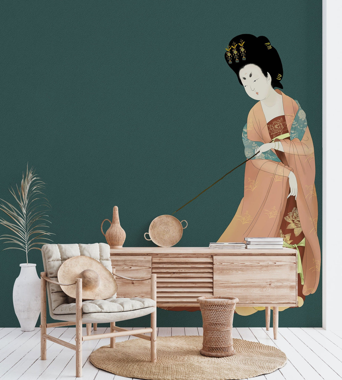 Elegant Oriental Lady Mural Wallpaper with wooden sideboard, rattan chair, green wall, white flooring.