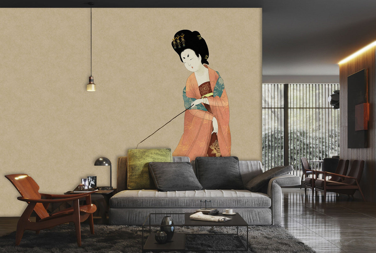 Elegant Oriental Geisha mural in soft hues; modern living room with grey sofa, wooden chairs.
