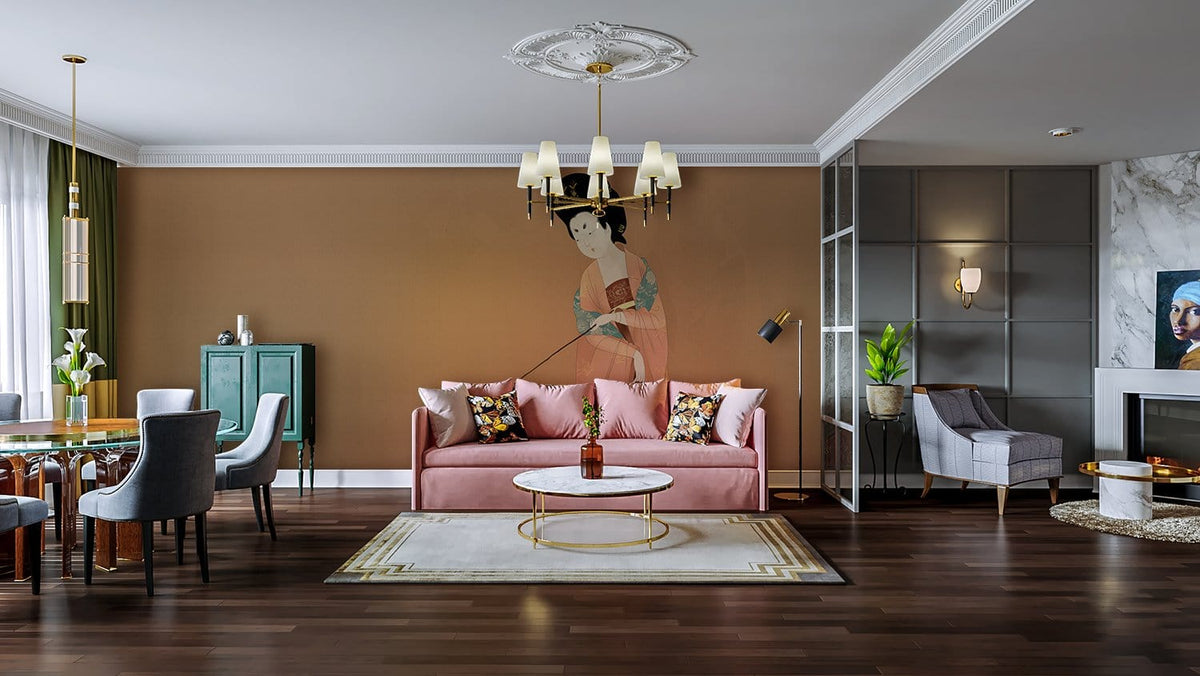 Elegant Oriental Geisha mural wallpaper, warm earth tones, modern living room, pink sofa, dark wood flooring.