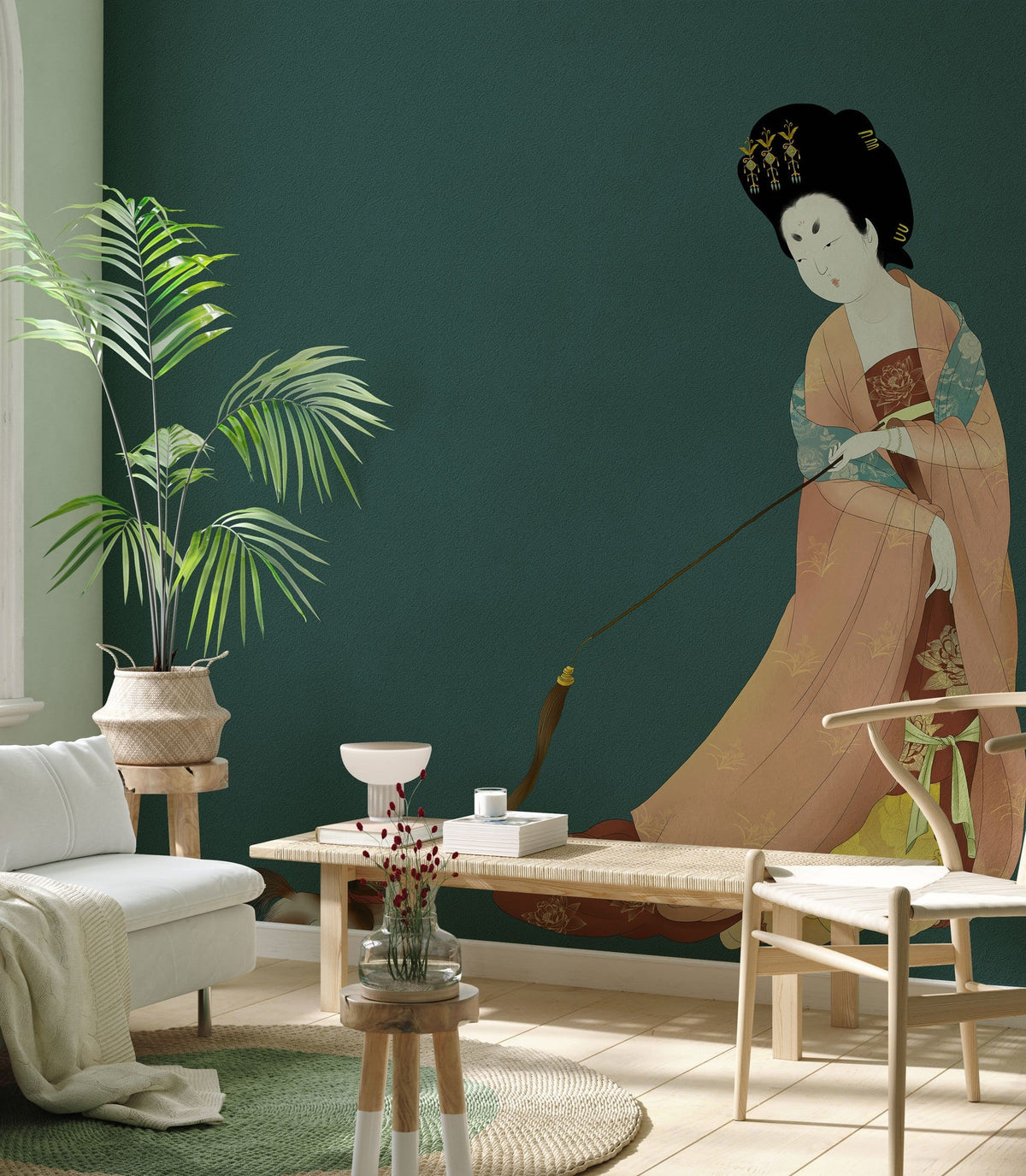 Elegant Oriental wall mural in living room, green backdrop, modern beige sofa, artistic decor style.