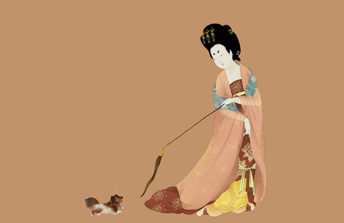 Elegant Oriental Geisha and Dog Mural Wallpaper in Warm Earth Tones