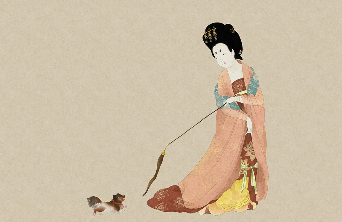 Elegant Oriental Geisha and Dog Illustration Mural Wallpaper in Soft Hues