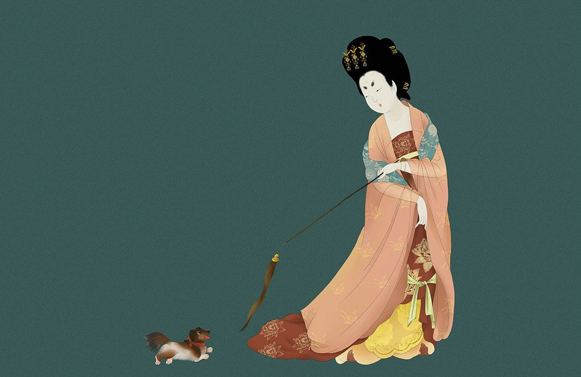 Elegant Oriental Lady with Pet - Artistic Green Mural Wallpaper Decor