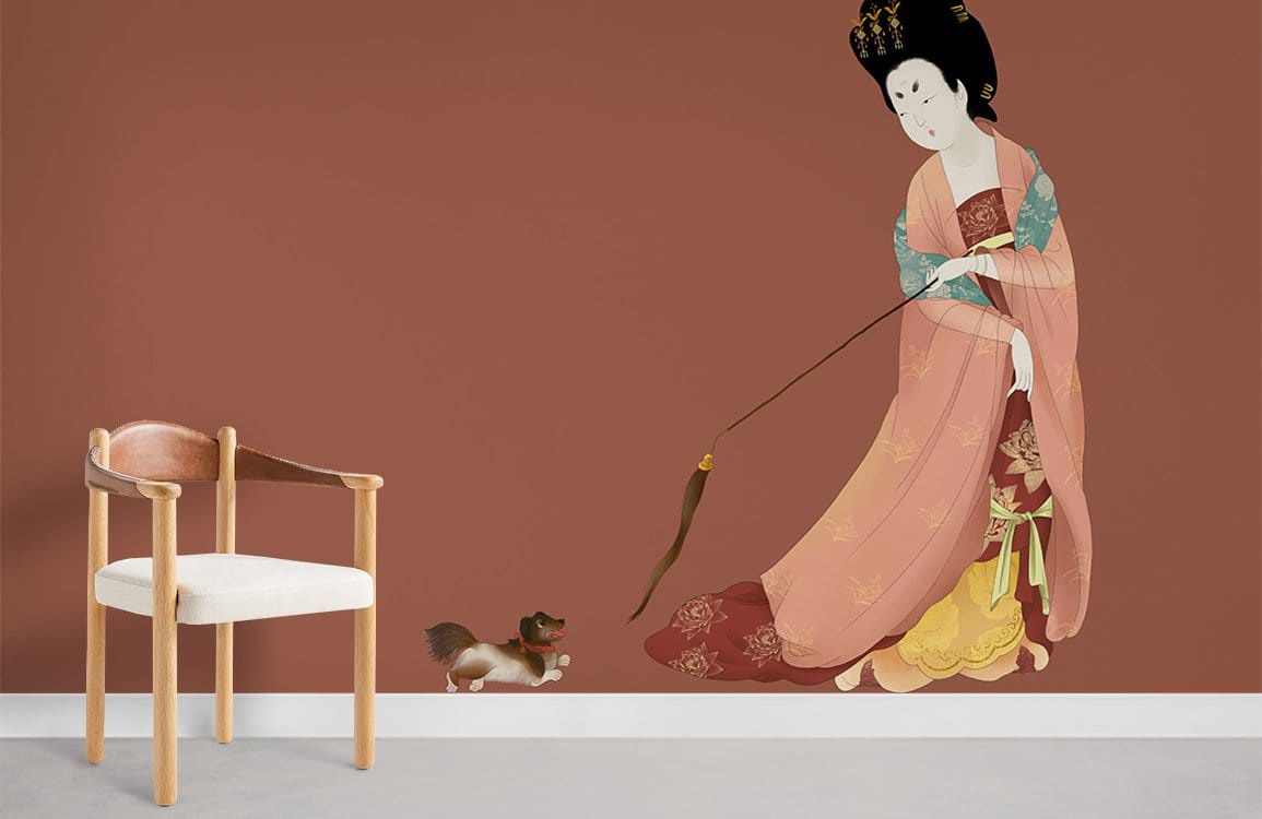 Elegant Asian-inspired mural wallpaper in traditional art style with brown tones, beside a wooden chair.