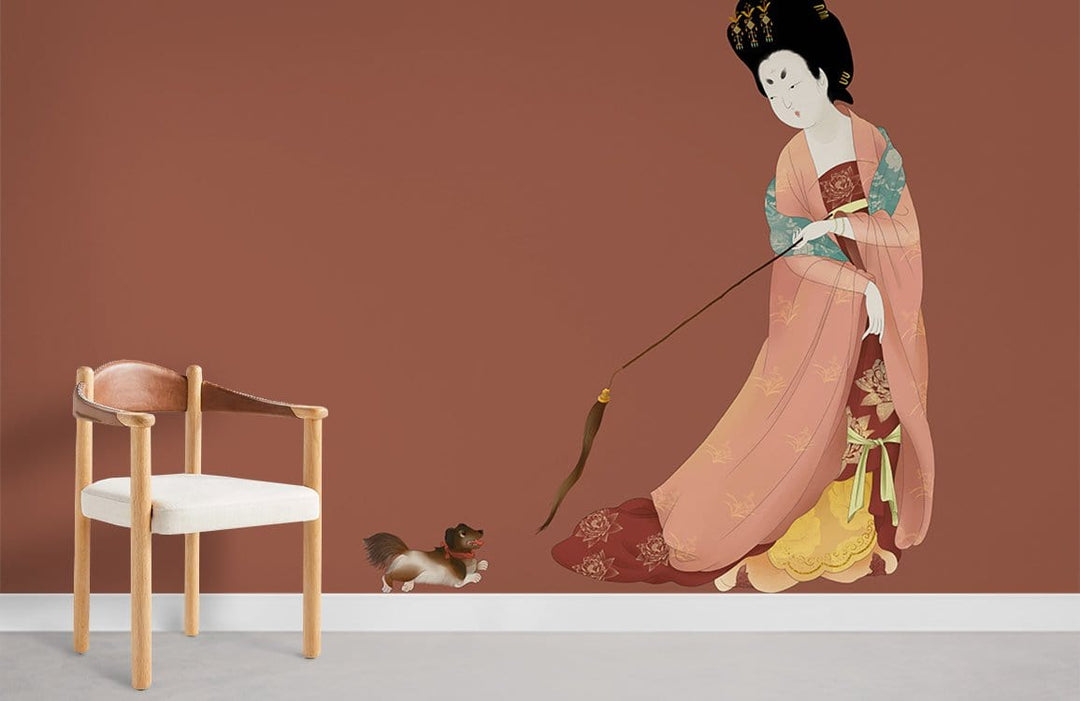 Elegant Asian-inspired mural wallpaper in traditional art style with brown tones, beside a wooden chair.