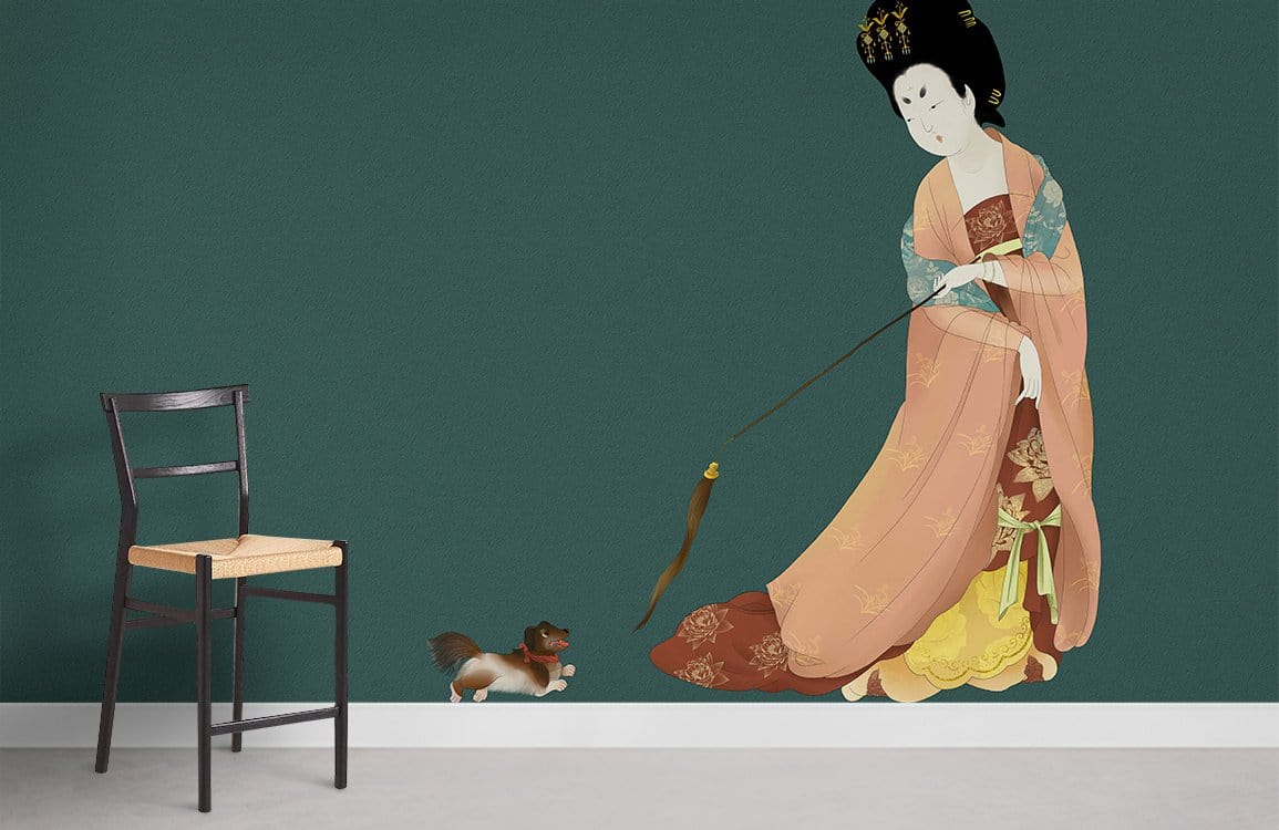 Elegant Oriental lady mural on green wall, black chair, minimalist decor, artistic wallpaper theme.