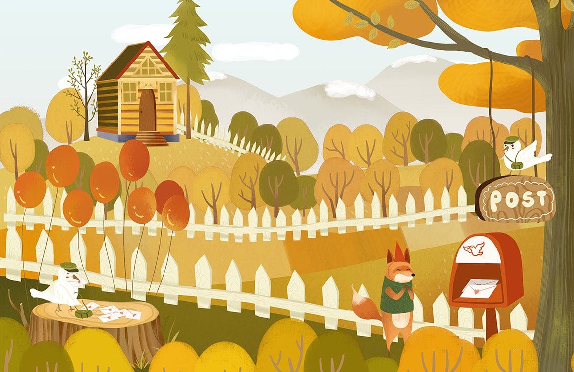Autumn Woodland Creatures Mural Wallpaper: Cosy Cottage Forest Design