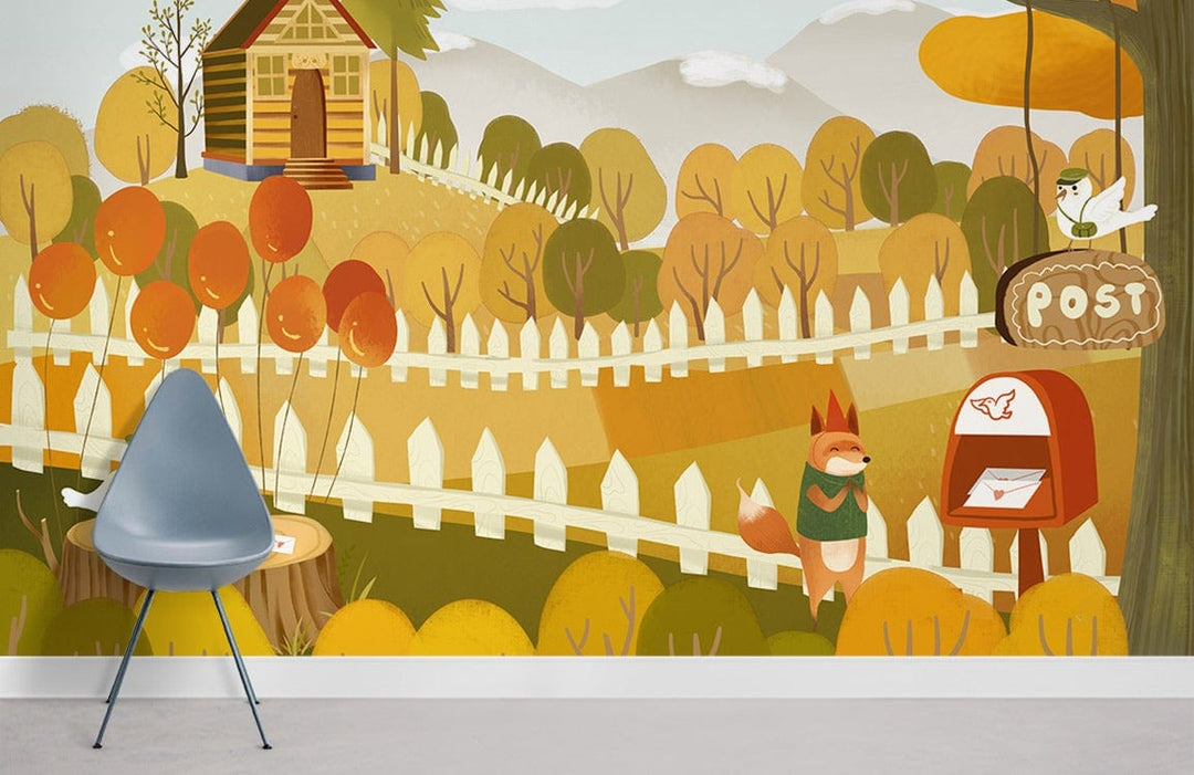 Autumn Woodland Creatures Mural Wallpaper in cottage style, featuring grey chair and light flooring.